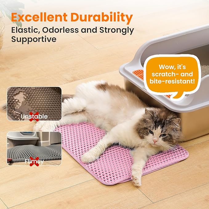 Small Cat Litter Mat, 20x14’’ Double Layer Honeycomb Cat Litter Box Mat, Non Slip Waterproof Urine Proof Litter Trapping Mat for Floor, Kitty Litter Pad, Indoor Pet Supplies, Pink