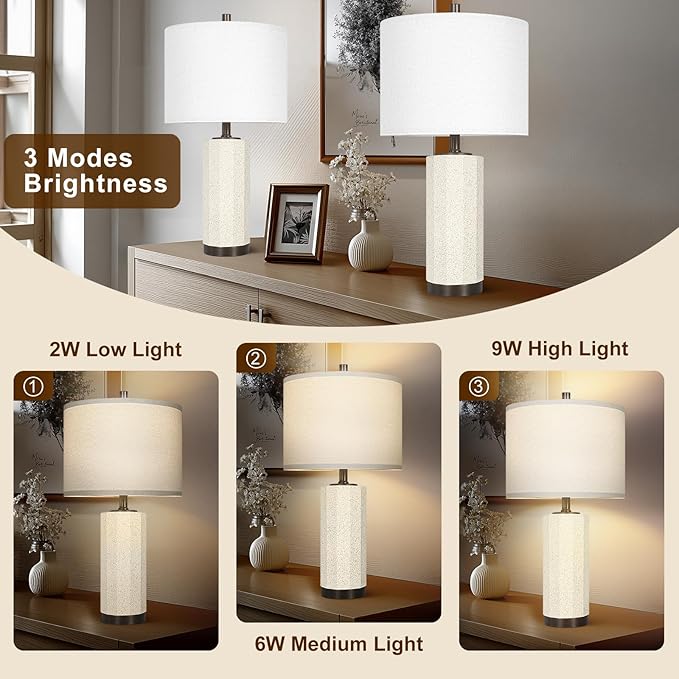 Scenekoy 23” Table Lamp Set of 2 for Bedroom Living Room, Rotary Switch Ceramic Bedside Lamp with White Linen Shade, Dimmable Nightstand Lamps for Room Office Hotel Dorm (Bulb Included)