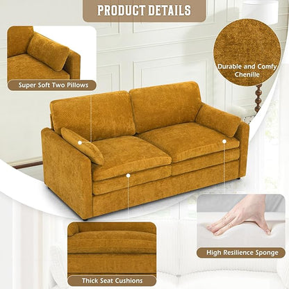 69" Chenille 2 Seats Sofa with 2 Pillows, Modern Upholstered Sofa with Deeper Seats, Comfy Sofa with Thickened Cushions for Living Room, Apartment, Yellow