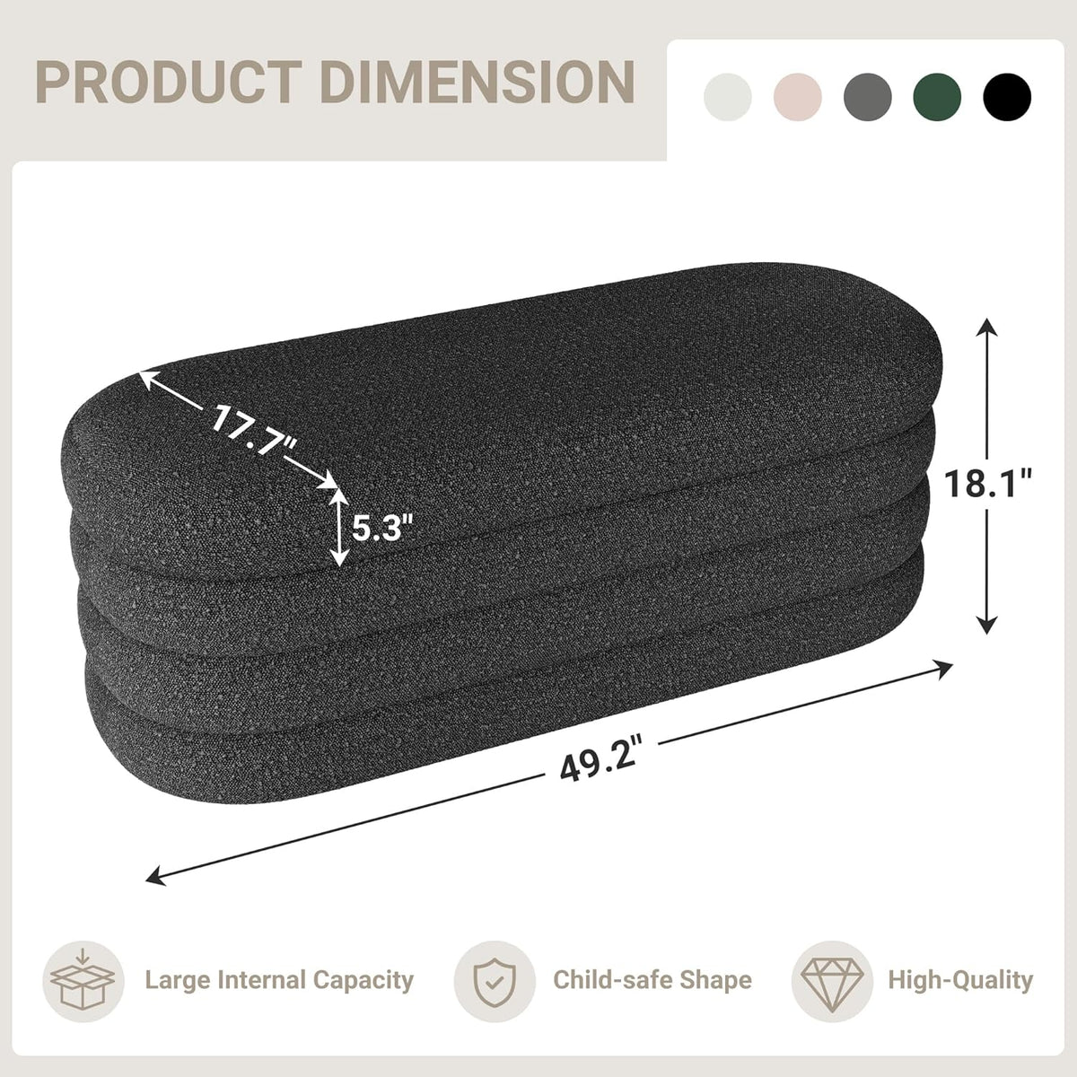 Storage Ottoman Bench 49.2 Inch Upholstered Fabric Storage Bench for Bedroom End of Bed Aesthetic Large Oval Ottoman for Living Room Entryway (Black)