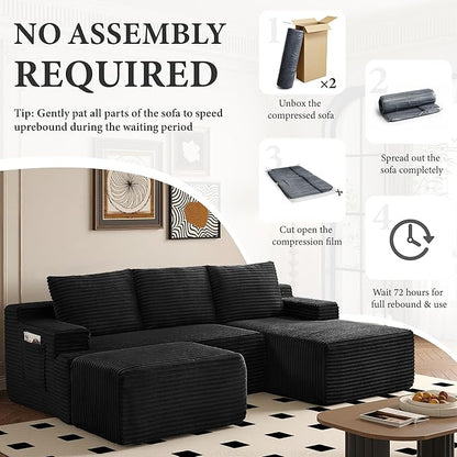 96" Sectional Couches for Living Room Cloud Couch Sofa with L-Shape Upholstered Boneless Couchs Modern Modular Sectional Couch with Chaise (Black, 96" W+Right Facing Chaise+2Seaters+Ottoman)