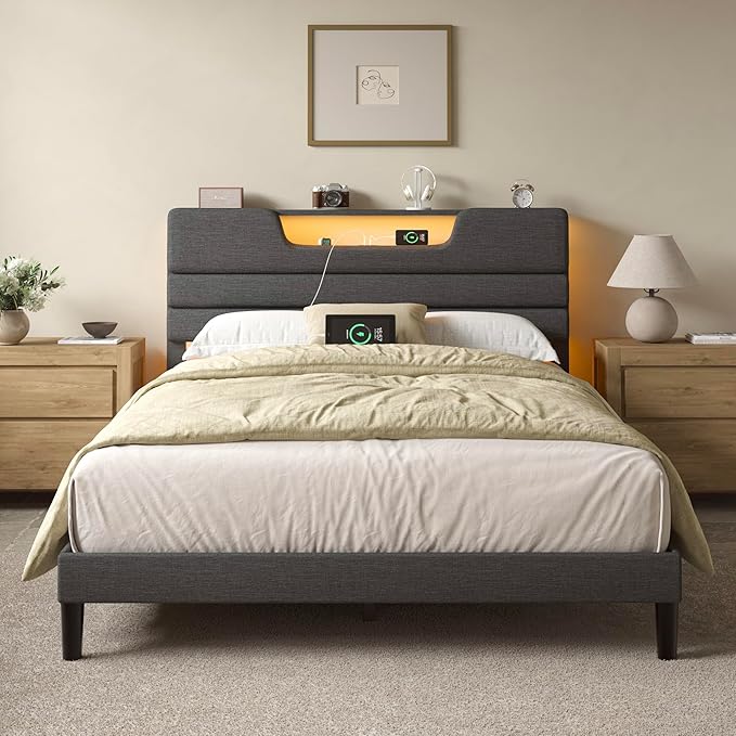 Queen Size Bed Frames with Upholstered Headboard, Modern Platform Bed with Charging Station and Led Lights, Bed Frame with Sturdy Wooden Slats/No Box Spring Needed/2-Tier Storage, Grey