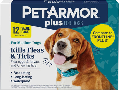 PetArmor Plus Flea and Tick Prevention for Dogs, Medium Dog Flea and Tick Treatment, 12 Doses, Waterproof Topical, Fast Acting (23-44 lbs)