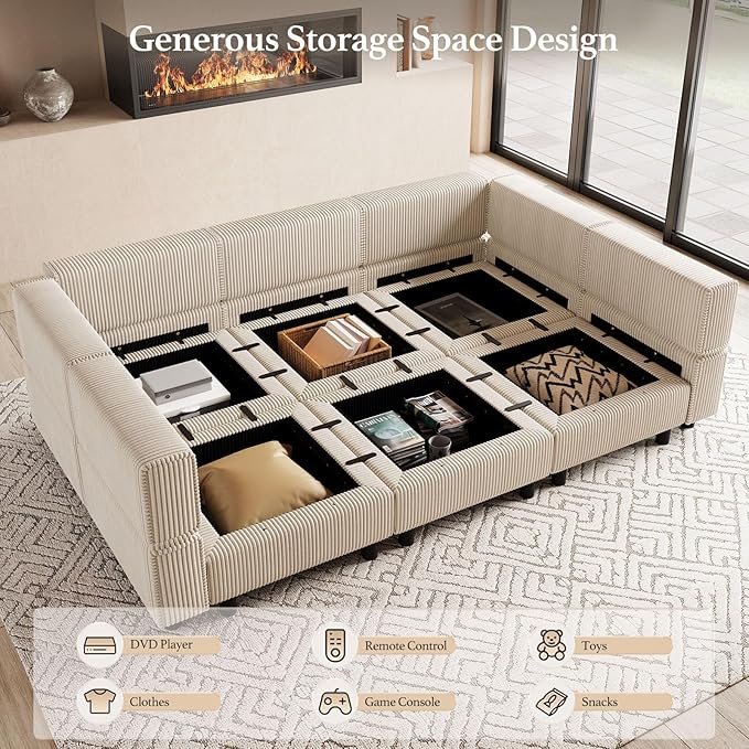 88.6" Modular Sectional Sofa with Deep Storage Seat,6 Seat Corduroy Sectional Couch Convertible Modular Sleeper Sofa Couch with Movable Ottoman Chaise,Sectional Couches for Living Room,Beige