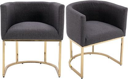 VESCASA Linen Upholstered Dining Chairs with Barrel Back, Mid Century Modern Padded Restaurant Chairs with Gold Metal Frame for Kitchen, Dining Room, Set of 2, Charcoal