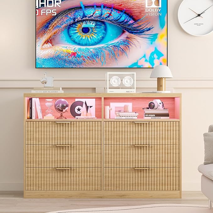 Coffee Bar Cabinet with Charging Station and Lighting, Natural Oak