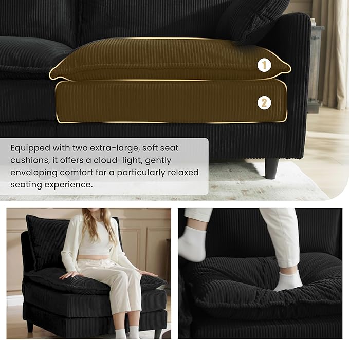 Apicizon 108" Cloud Couch Sectional, L Shaped Cloud Sofa with Side Storage Pocket, Modern Corduroy Sofa Set for Living Room, Office, Black