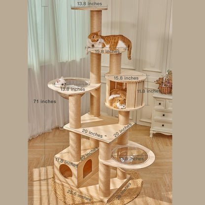 Modern Multi-Level Large Real Solid Wood Cat Tree, Luxury Wooden Cat Tower Cat Condo with Multi-Layer Platform for Indoor Cats