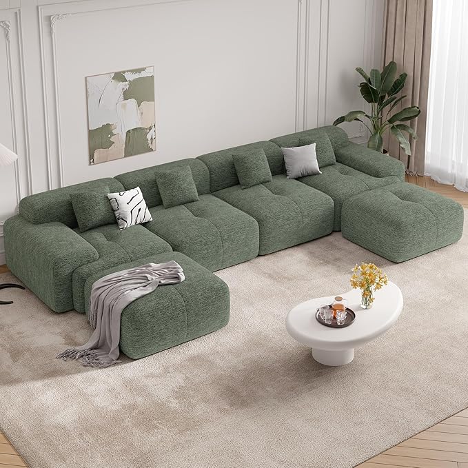158" Modern U Shaped Modular Sectional Sofa, Boneless Couches for Living Room with Ottoman,6 Seater Convertible Chenille Cloud Couch Sofa Set, No Assembly Required, Green 1 PCS