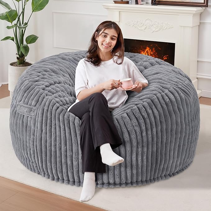 Homguava 3 FT Bean Bag Chair,3' Big Bean Bag,Large Bean Bag Chairs for Adults with Memory Foam Filled,Comfy Beanbag Chairs Soft Bean Bag Sofa with Dutch Corded Plush Cover-Dark Grey