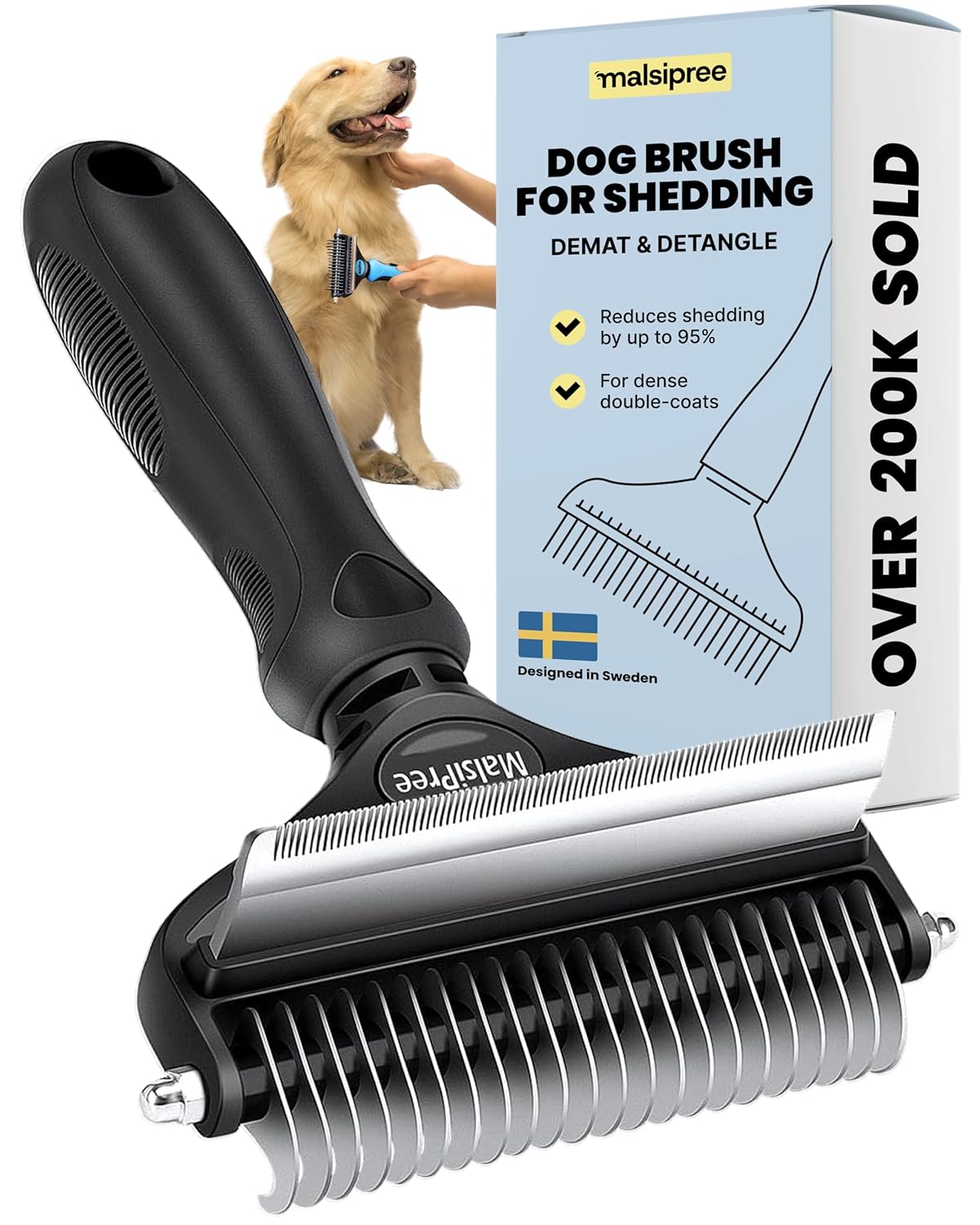 MalsiPree Dog Brush - Large, Black - 2-in-1 Undercoat Rake & Dematting Rake - Shedding Brush & Deshedding Tool for medium to Large Double-Coated Dogs & Cats