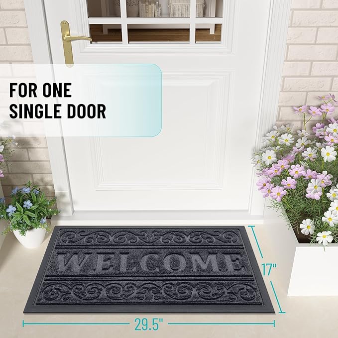 OLANLY Welcome Door Mat Indoor Outdoor Entrance, Heavy Duty Sturdy Front Door Mat, Waterproof All-Weather Doormat, Stain Resistant, Low Profile, Easy Clean Patio Entryway Mat, 59 x 35, Medium Grey