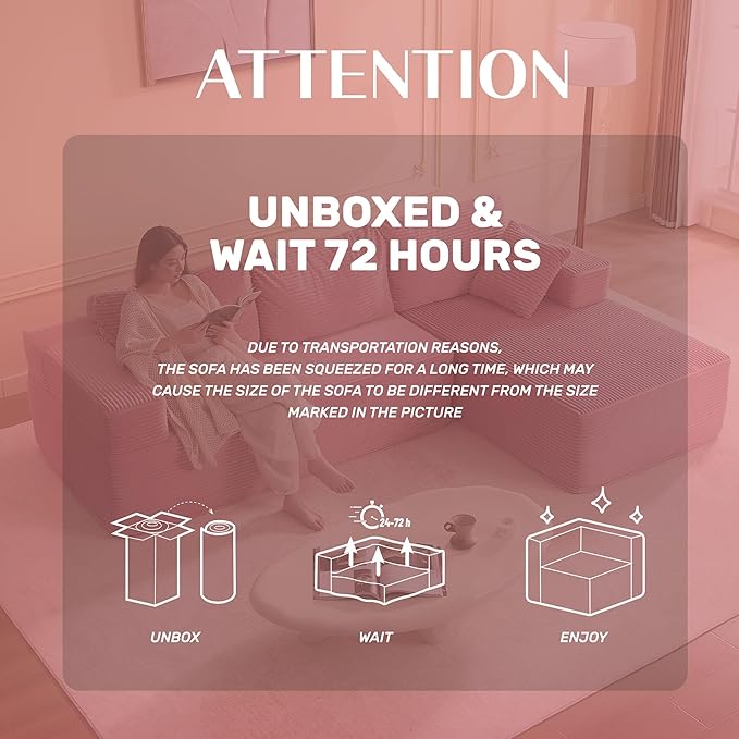 107" Boneless Couch with Deep Seat, Modular Sectional Sofa, Cloud Sectional Couch for Living Room, No Assembly Required, Corduroy, L-Shape Right Pink