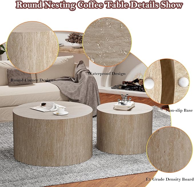 Round Travertine Coffee Table Set of 2 Modern Stripe Circle Nesting Side Tables No Assembly for Living Room Balcony Yard (E-26.77+19.7in)