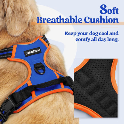 rabbitgoo Dog Harness No Pull with 2 Leash Clips, Adjustable Soft Padded, Reflective Oxford No Choke Pet Vest with Easy Control Handle for Large Dogs, Blue & Orange, XL