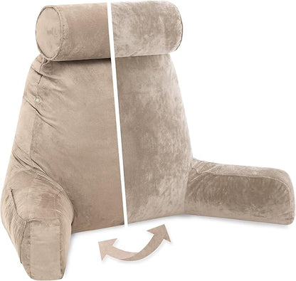 Husband Pillow XXL Aspen Edition, Adult Reading Sit Up Bed Rest Pillow for Bed with Arms & Neck Roll on Bungee Cord - Premium Memory Foam - Reversible 2 Sided Cover Micro Suede or Plush, Cowboy Taupe