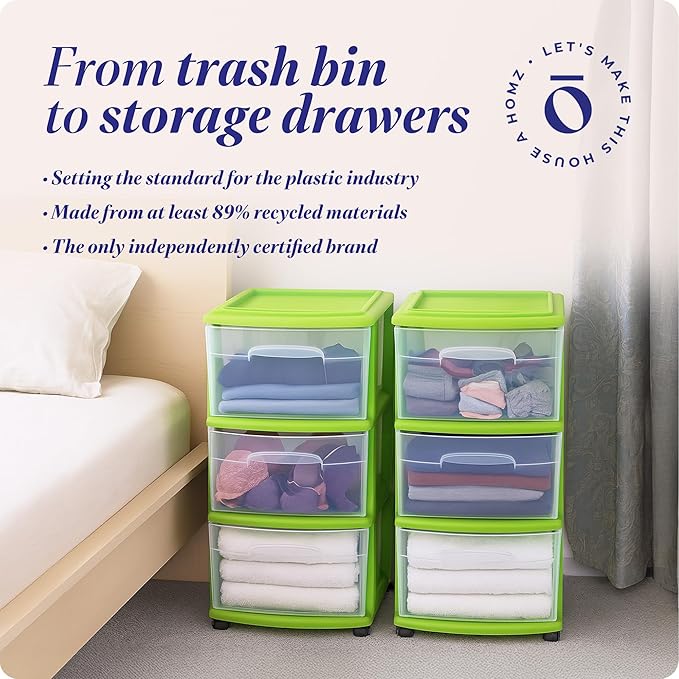 HOMZ 2-Pack Drawer Tower, 3-Tier Clear Plastic Storage Organizer Cart, Bold