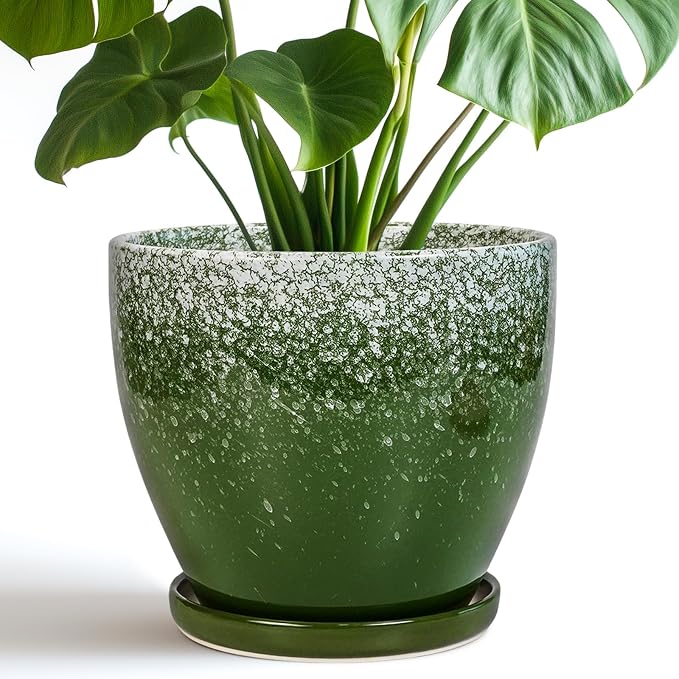 Ceramic Pots for Plants - 8 Inch Planter for Indoor Outdoor Plants, Round Planter, Large Flower Pot with Drainage and Saucer, Home Room Garden Office Decor, Birthday Gifts, Green