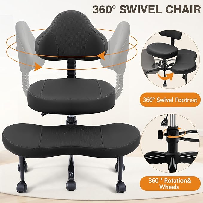 Cross Legged Office Chair, Criss Cross Desk Chair ADHD Meditation Kneeling Yoga Seat with Adjustable Height, Lumbar Support, Wider Footrest and Wheels (Black)