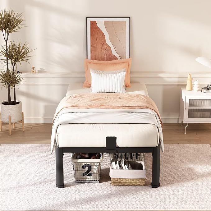 FUIOBYVV 14 Inch Twin XL Bed Frame with Rounded Corner and Headboard Hole Mattress Retainers 3500 LBS Metal Heavy Duty Steel Slats Support No Box Spring Needed Platform Noise Free Easy Assembly