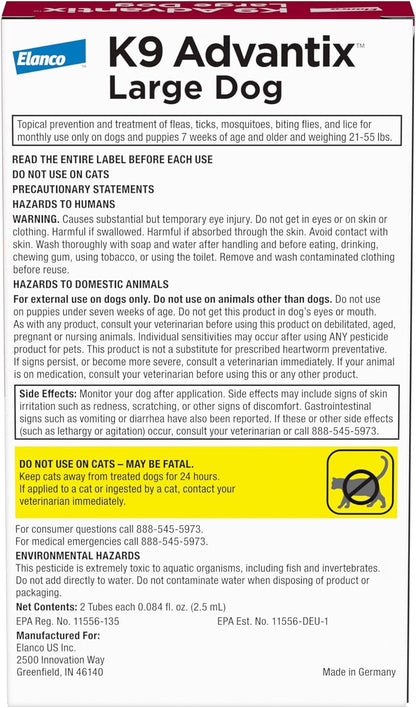K9 Advantix Flea, Tick & Mosquito Prevention for Dogs 21-55 lbs. | Flea Drops for Large Dogs | Apply Monthly | 2 Treatments