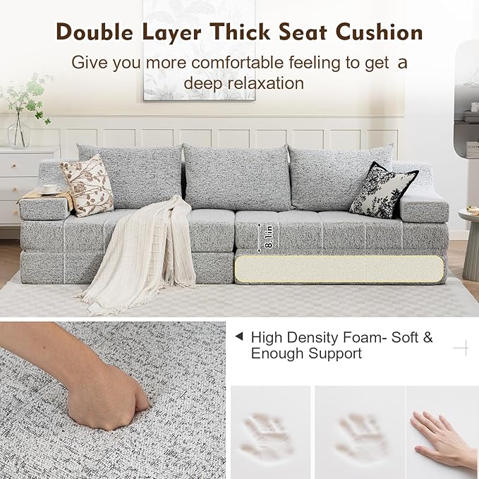 MEISSALIVVE 110.6" Convertible Sofa Bed,2-in-1 Modular Oversized Boneless Couch with Wide Armrest & Thick Cushion,Futon Sofa with Pull Out Bed for Living Room,Bedroom,No Assembly Required(Grey
