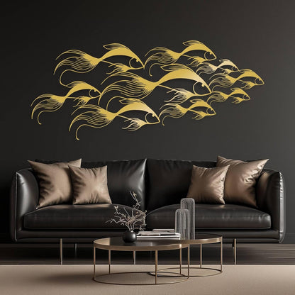 School of Fish Metal Wall Art, Metal Fish Wall Decor, Sea Life Wall Art, Large Nautical Wall Hanging, Modern Beach House Wall Decor, Ocean Themed Artwork for Bathroom (Gold, 24"x10" | 60x25cm)