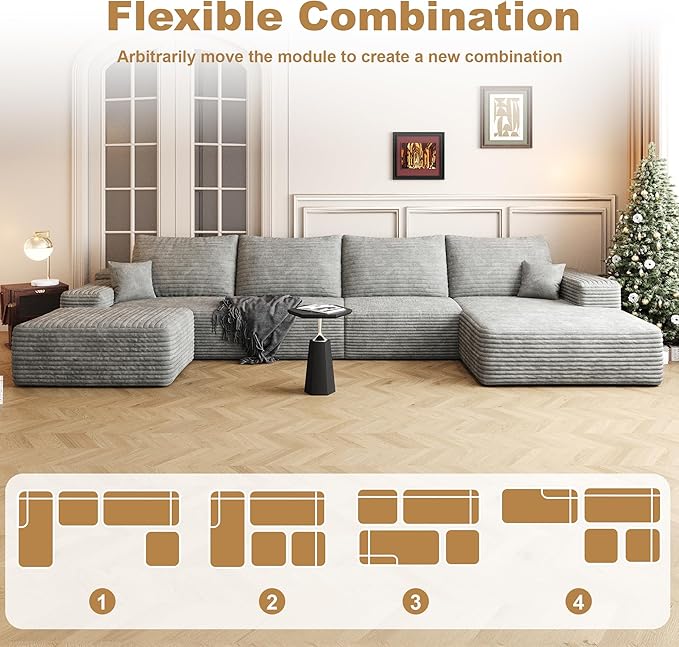 136" Sectional Couches for Living Room Modern Modular Sofa with L-Shape Couchs Upholstered Boneless Couch Deep Seat Sectional Couch with Chaise (Grey, Right Facing Chaise+3Seaters+Ottoman)