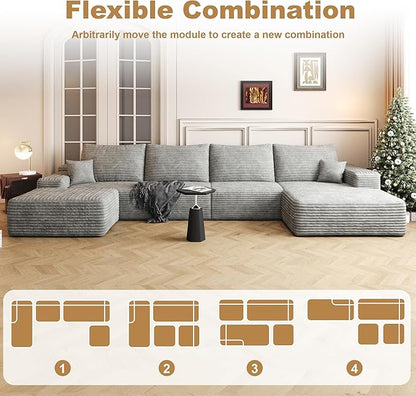 136" Sectional Couches for Living Room Modern Modular Sofa with L-Shape Couchs Upholstered Boneless Couch Deep Seat Sectional Couch with Chaise (Grey, Right Facing Chaise+3Seaters+Ottoman)