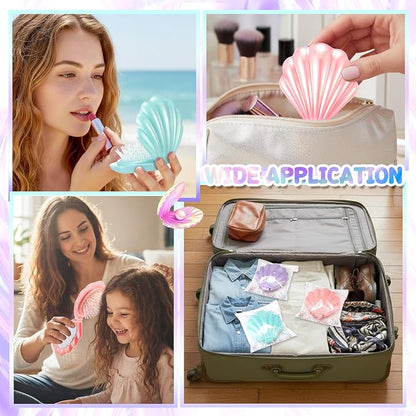 LemonRoad 24 Sets Mermaid Party Favors Shell Hair Brush with Mirror Card, Foldable Mini Travel Compact Hair Brush for Women Birthday, Bachelorette, Under The Sea, Beach Party Gifts(Pink Purple Teal)