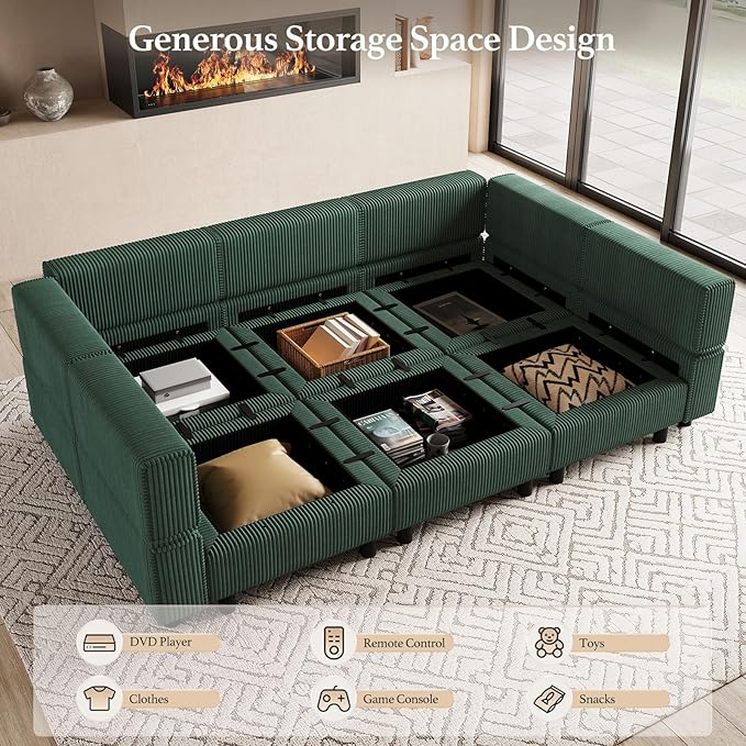88.6" Modular Sectional Sofa with Sleeper Sofa,6 Seat Corduroy Sectional Couch with Deep Storage Seat,Upholstered Sectional Couches for Living Room,Green