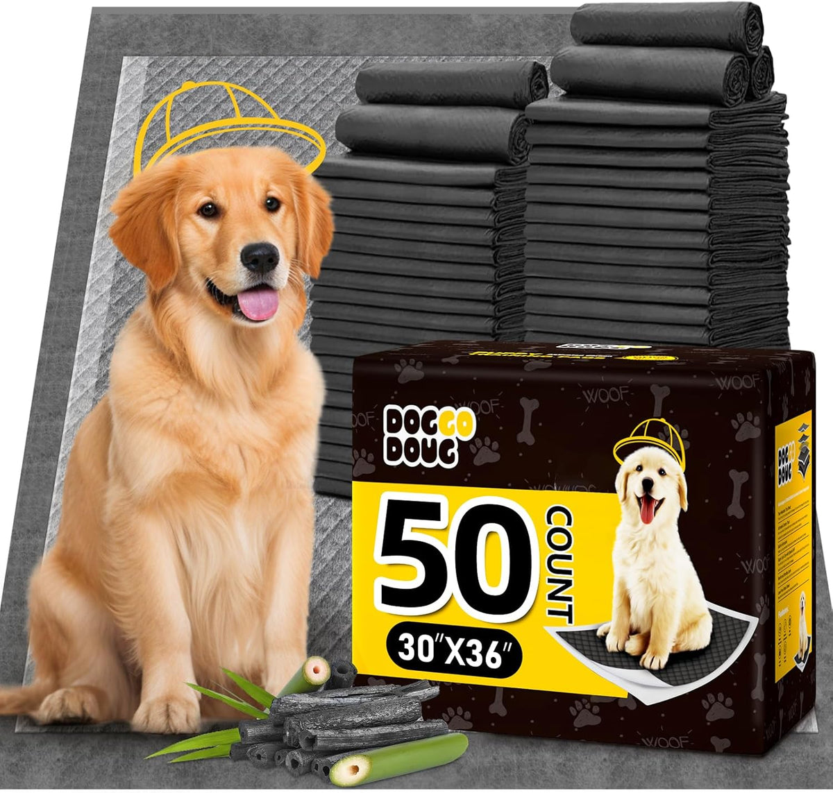 Dog Pee Pads for Dogs XXL 30"x36" Charcoal Puppy Pads 50 Counts Extra Large Disposable Activated Carbon Super Absorbent Full Edge-Wrapping Odor-Control Training Pads with Adhesive Tabs