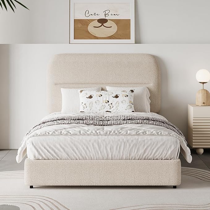 HOMBCK Twin Size Boucle Bed Frame, Upholstered Bed Frame with Headboard, Twin Bed Frames for Kids, Thickened Footboard/Rounded Corners/Adjustable Headboard/No Box Spring Needed/Easy Assembly, Beige