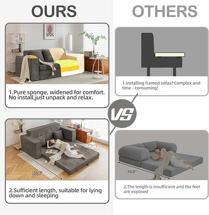 HOMREST 76" Convertible Memory Foam 3-seat Sofa, Pull Out Sleeper Sofa Bed, 2 in 1 Folding Couch Bed, Fold Out Floor Couch Corduroy Fabric with 3 Pillows for Living Room Bedroom Lounge (Grey)