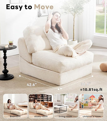 Tbfit 35.8‘’ Oversized Folding Sofa Bed, Convertible Sleeper Chair with Adjustable Back, Corduroy Folding Couch Bed, Portable & Foldable Mattress Boneless Floor Sofa for Living Room, Bedroom, White