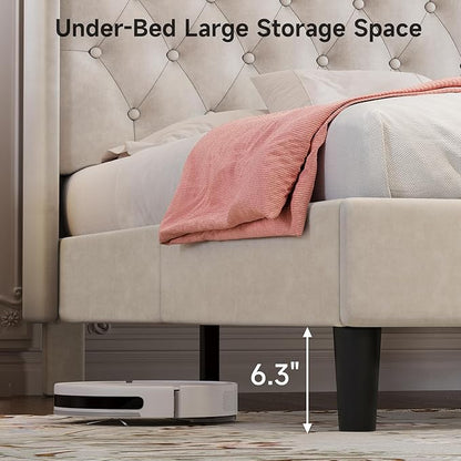 koorlian Queen Bed Frame with Headboard, Adjustable Velvet Upholstered Bed Frame with Type-C&USB Ports, Wingback Storage Headboard, Solid Wood Slats Support, No Box Spring Needed, Noiseless, Beige