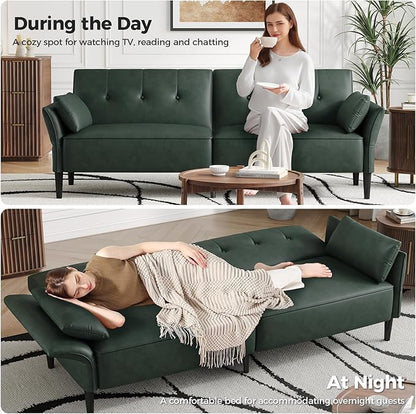 89” Futon Sofa Bed,Futon Couch Bed with 2 Square Pillows,Convertible Sleeper Sofa with Adjustable Backrest& Armrests, Modern Loveseat Sleeper for Living Room, Bedroom,Faux Leather Green