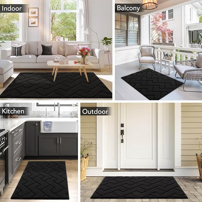 hicorfe Indoor Doormat,Welcome Door Mat TPR Backing Non Slip Mats 20"x31.5" Absorbent Resist Dirt Entrance Doormat Inside Floor for Entryway Washable Low-Profile (Black)