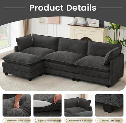 ROWHY Oversized Modular Sectional Couch with Movable Ottoman, 112" Modern Convertible L Shaped Sofa Set, 4 Seat Comfy Cloud Couch with 2 Throw Pillows, for Living Room, Chenille, Charcoal Grey