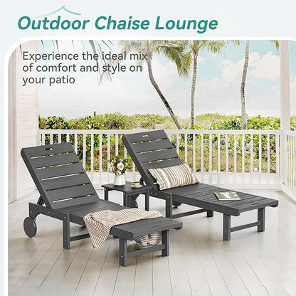 Outdoor Chaise Lounge Chairs with Table, 6-Piece, 26.8” Super Wide Lounge Chair Outdoor, HDPS Pool Chairs with 5 Positions, Patio Lounge Chair with Wheels for Pool,Lawn,Backyard, Dark Gray