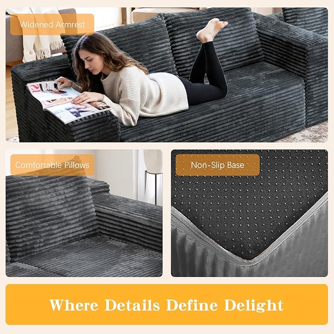 106'' Boneless Couches for Living Room, L Shaped Modular Sectional Sofa with Chaise Lounge, Faux Rabbit Fur & Layered Cushion Deep Seat Cloud Couch, No Assembly (Dark Grey, Right Facing Chaise)