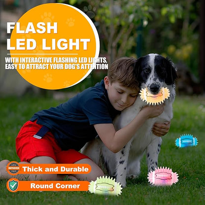 4.3” Dog Squeaky Football Toys 4 Pack, Light up and Durable Spiky Dog Balls for Medium Large Dogs with Rugby Shape, Built-in Squeaker for Teeth Cleaning and Training