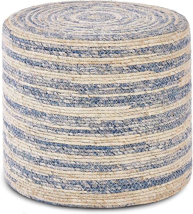 Wimarsbon 18'' Ottoman Pouf, Natural Braided Poof, Rustic Handweave Lounge Pouffe, Boho Footrest Stool for Bedroom, Accent Table for Living Room (Blue Corn Husk)