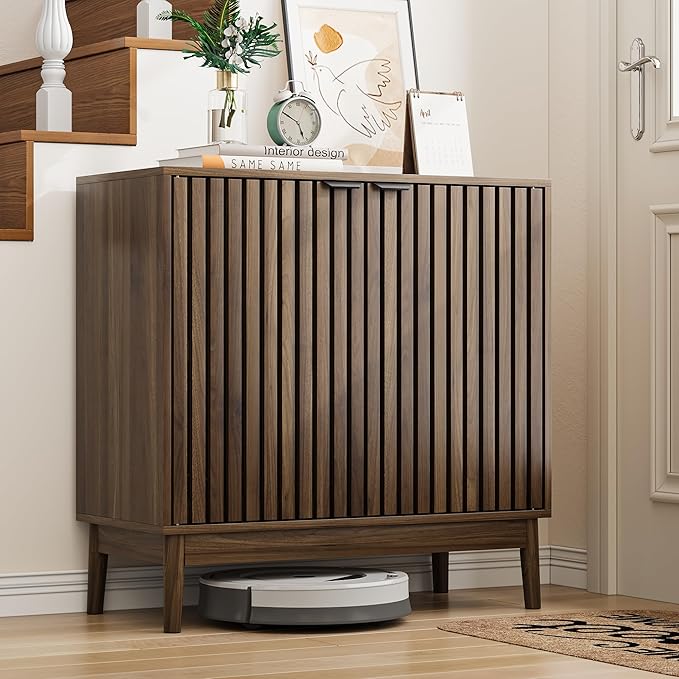 Shoe Cabinet with Slatted Doors, 4-Tier Freestanding Shoe Cabinet Storage