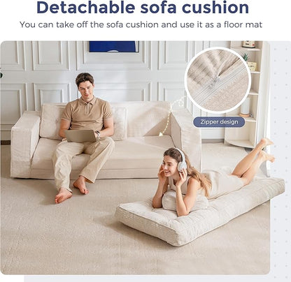 MAXYOYO Convertible Sofa Bed, Pull Out 3 Seater Sleeper Sofa, 2 in 1 Folding Couch Bed, Fold Out Floor Couch with Pillows for Living Room Bedroom Lounge, Beige