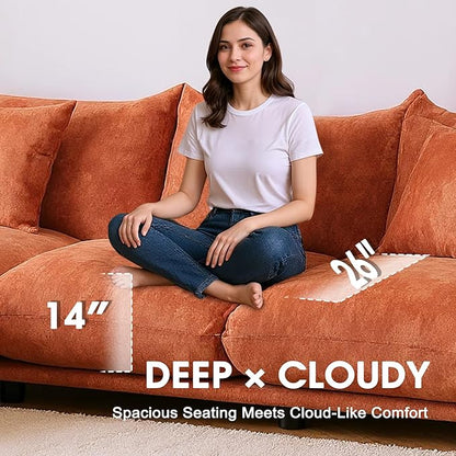 Modern Minimalist Chenille Modular Sectional Sofa, Deep-Seat 3-Seater L-Shaped Couch with Movable Ottoman and Thick Cushions, Upholstered Sofa for Living Room, Bedroom, Office, Apartment Orange L Sofa