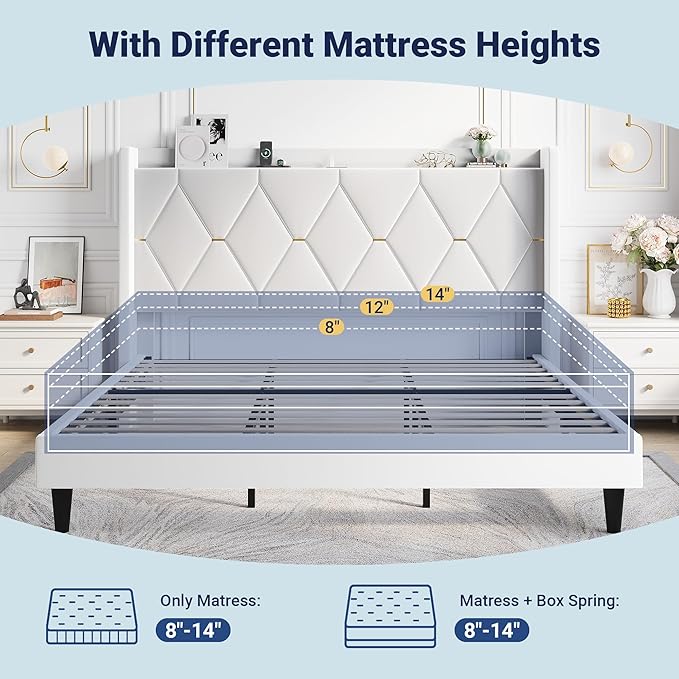 Allewie Velvet King Size Upholstered Bed Frame with Wingback Storage Headboard & Charging Station, Platform Bed with Diamond Tufted Design & Gold Trim, No Box Spring Needed, Easy Assembly, White