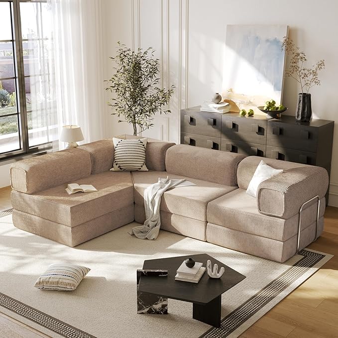 108" L Shaped Couch, Modular Sectional Sofa with Chaise, Cloud Boneless Couch with Deep Seat & Removable Pillow for Living Room, Bedroom,No Assembly Required（Camel）