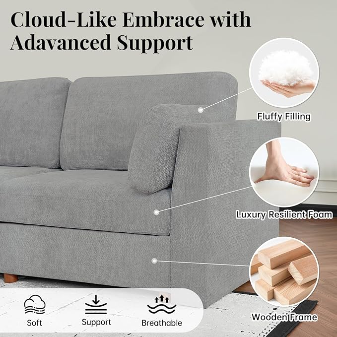CUGOAO 118'' Modular Sectional Sofa, Oversized, Sectional Couch, Deep Seat Chenille Cloud Couch Sofa, Removable Cover, Mordern Upholstered Couches for Living Room, Apartment, Office, Grey