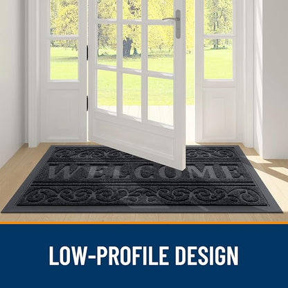 OLANLY Welcome Door Mat Indoor Outdoor Entrance, Heavy Duty Sturdy Front Door Mat, Waterproof All-Weather Doormat, Stain Resistant, Low Profile, Easy Clean Patio Entryway Mat, 47 x 32, Black